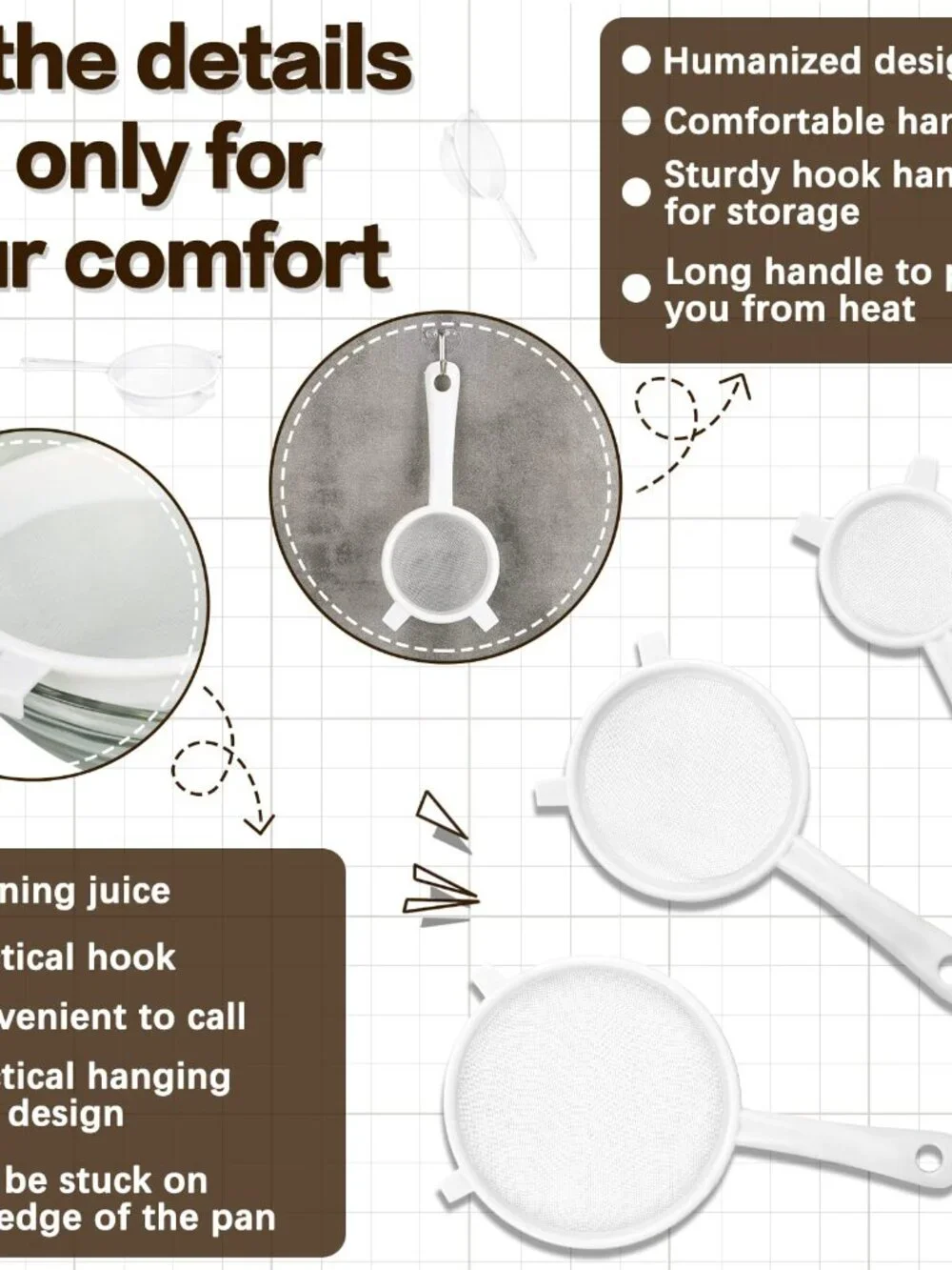 3 Pcs Plastic Nylon Mesh Strainer Colander with Handle Double Ear Fine Food Mesh